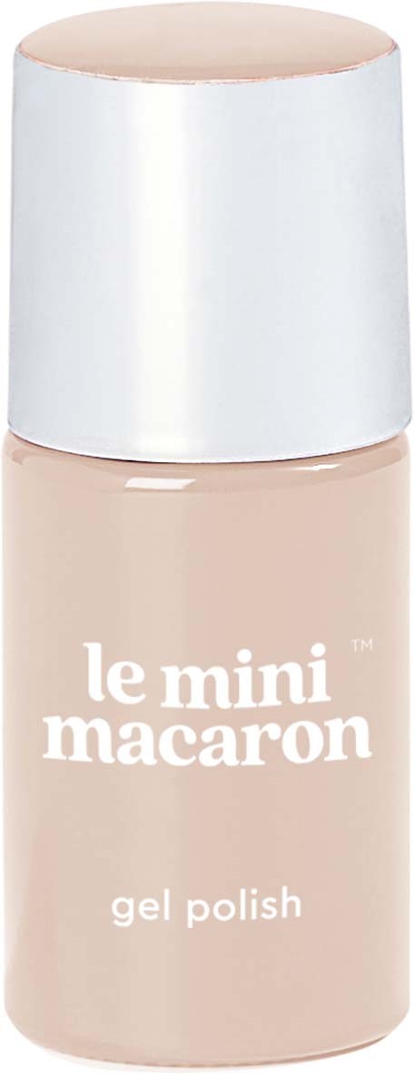En lille flaske med beige gelneglelak med hvid låg og mærket 'le mini macaron'.