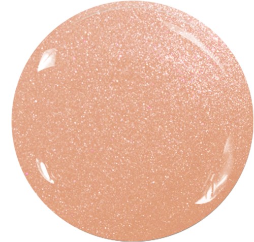 A round, peach-colored object with a glittery, shiny surface and sparkles. Looks smooth and glossy.