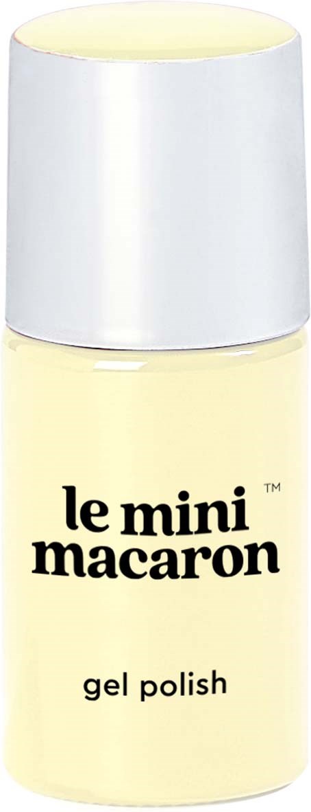 En liten flaske gelneglelakk merket 'le mini macaron', med en sølvhette.