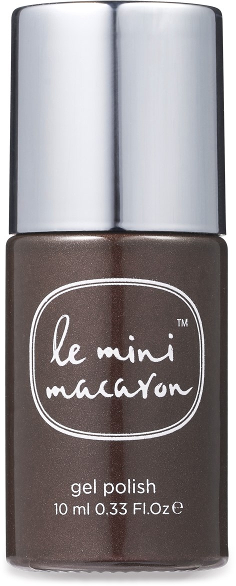 A bottle of dark brown gel nail polish with a silver cap and white text label that says 'le mini macaron' and 'gel polish.'