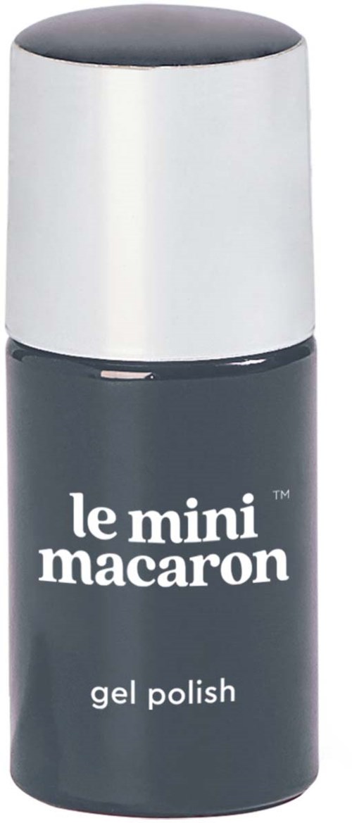 En lille sort flaske med gel polish mærket 'le mini macaron' med hvid låg.