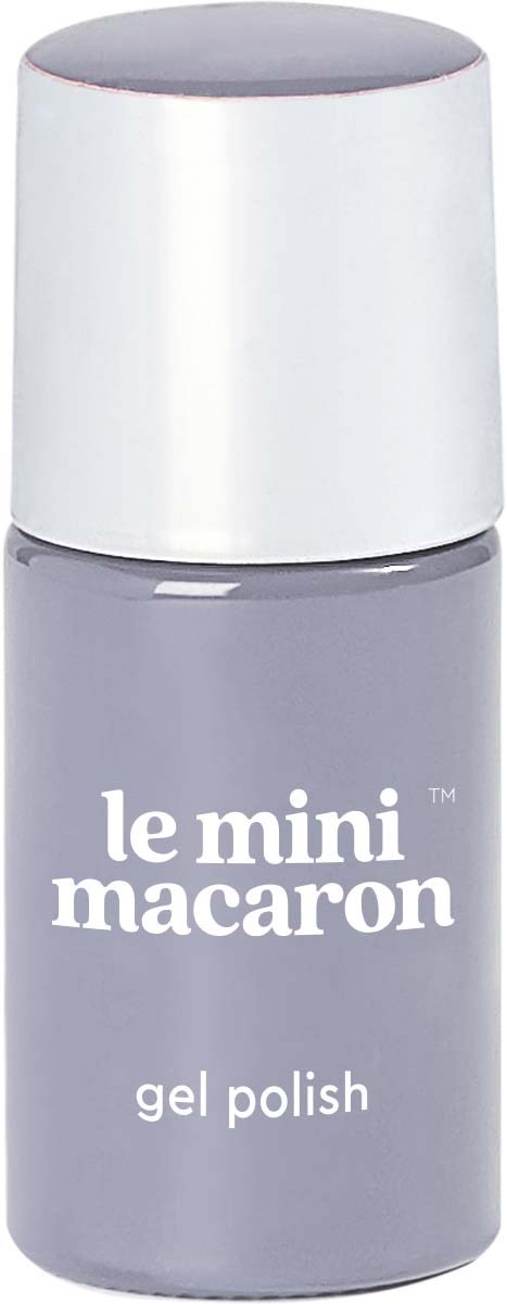 Small grey bottle of gel nail polish with a white cap, labeled "le mini macaroon gel polish."