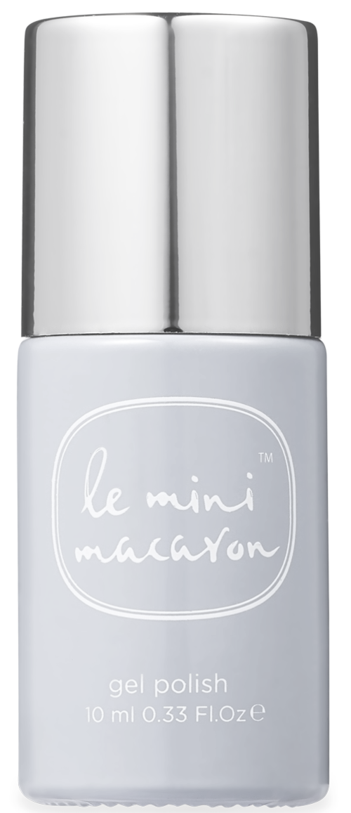 A small bottle of light gray gel polish with a silver cap, labeled 'le mini macaron' and 'gel polish'.
