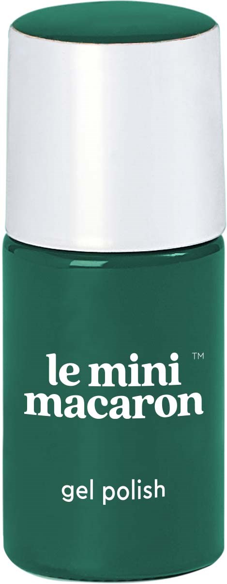 En lille grøn flaske med gel polish mærket 'le mini macaron' med hvid låg.