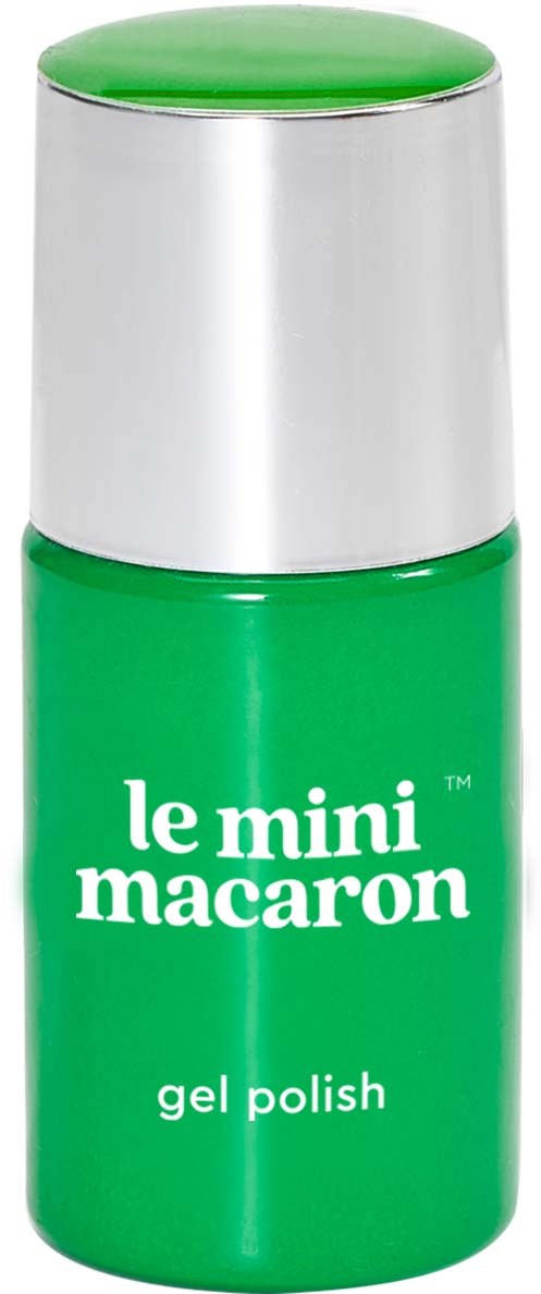 Liten grønn flaske merket "le mini macaron gel polish" med sølvhette.