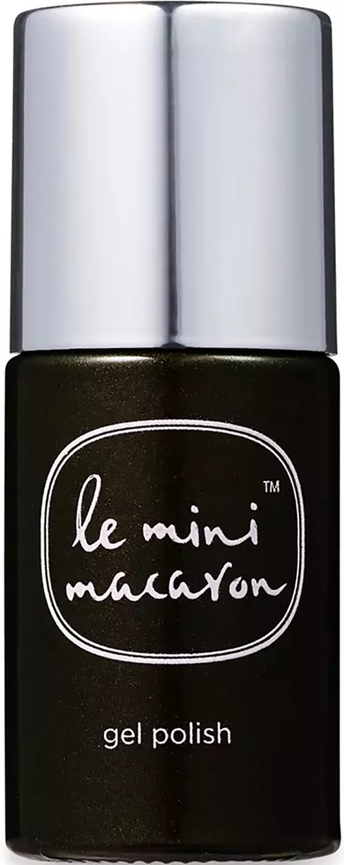Black nail polish bottle with silver cap, labeled 'le mini macaron gel polish.'