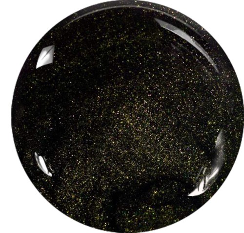 A shiny black sphere with tiny gold sparkles, resembling a glittery ball or cosmic object.
