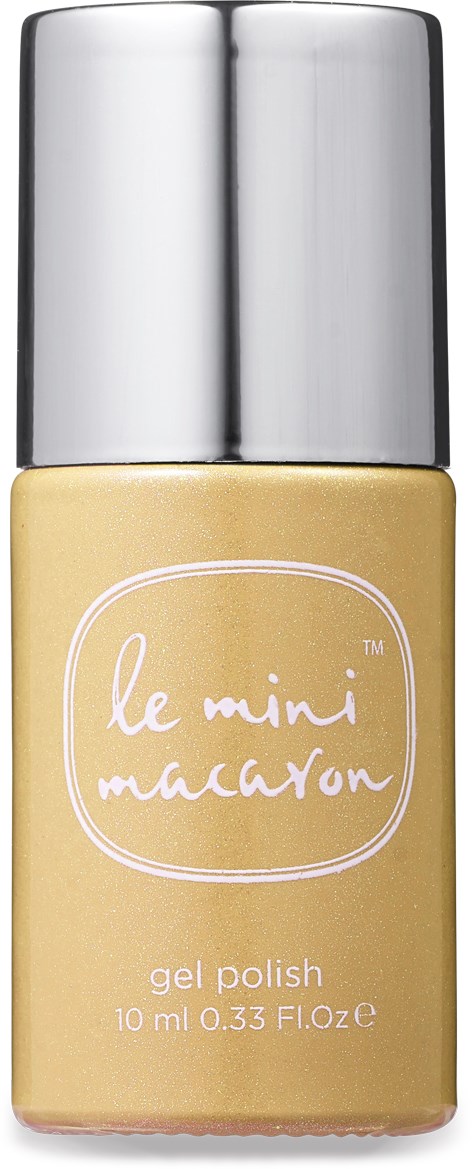 A small bottle of beige gel nail polish with a silver cap. The label reads "le mini macaron" and "gel polish."