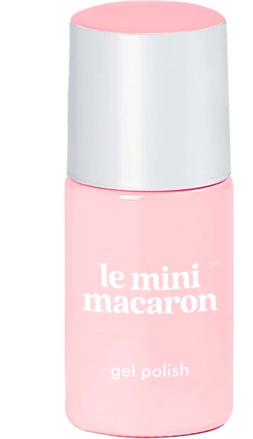 En liten rosa flaska med gelnagellack, silverlock och vit text.