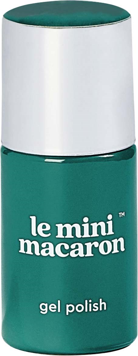 En lille flaske med grøn gel neglelak med hvid låg, mærket 'le mini macaron gel polish'.