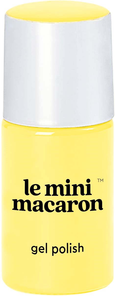 En lille gul flaske med gel til negle, mærket 'le mini macaron' med hvid låg.