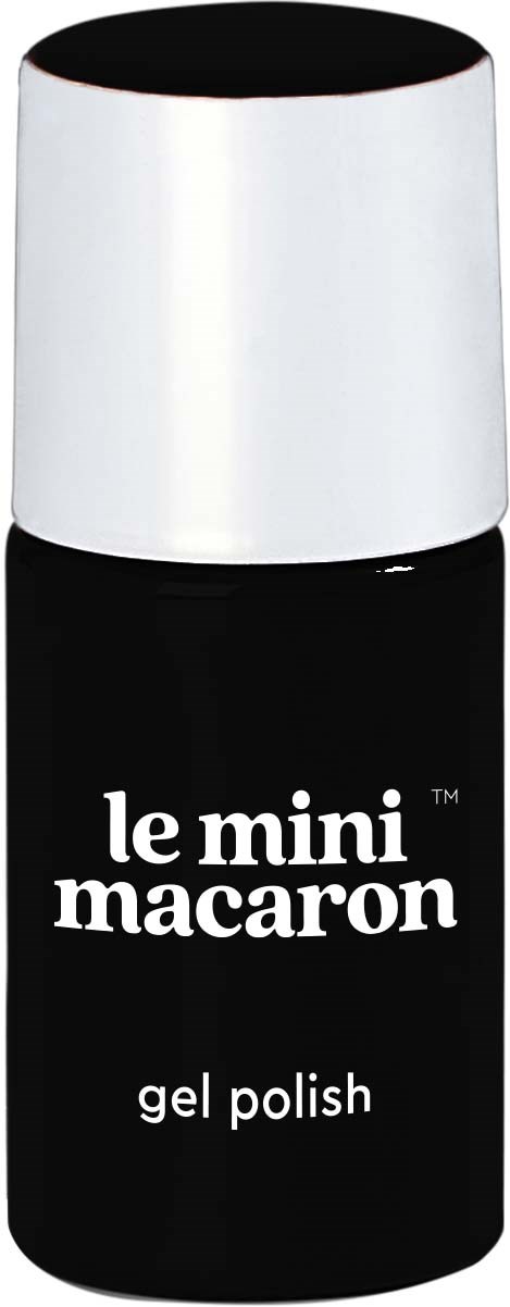En lille sort flaske med hvid cap, mærket 'le mini macaron gel polish.'