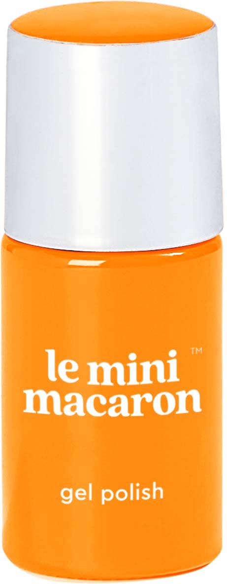 Lille orange flaske med hvid hætte, mærket 'le mini macaron gel polish' i hvid tekst.