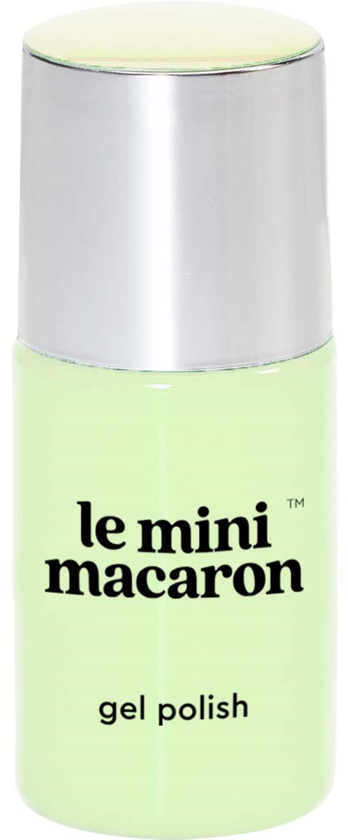 A small, light green bottle with a silver cap, labeled 'le mini macaron gel polish.'