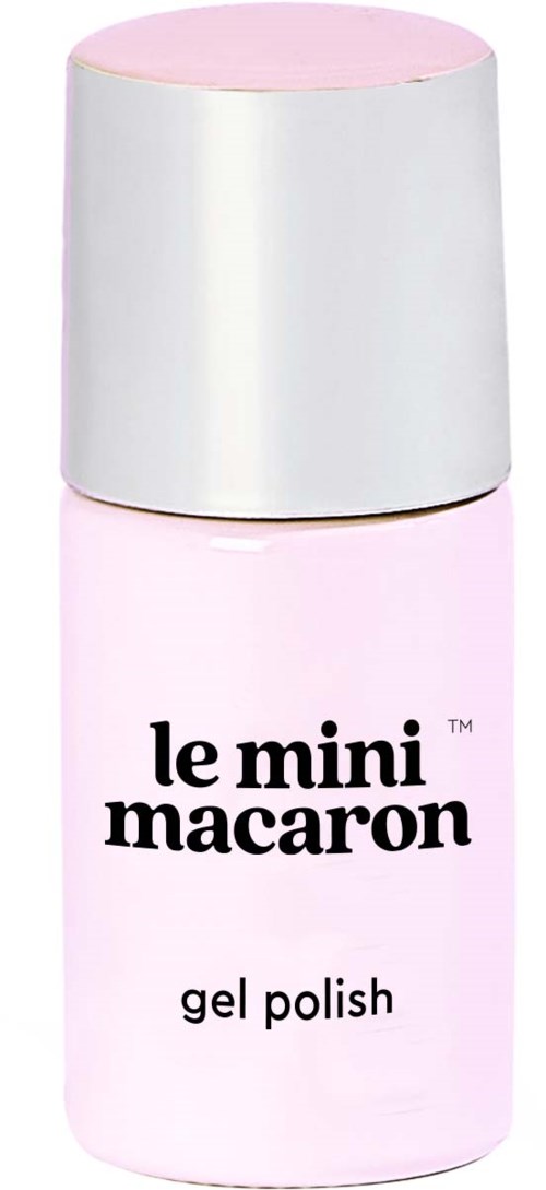 Pink bottle of gel nail polish with black text, white cap, simple design.