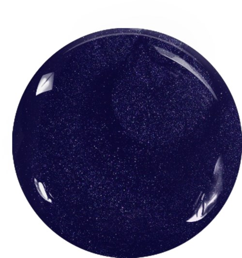 A dark blue, shiny spherical object with tiny specks that look like stars, resembling a small planet or glass ball.