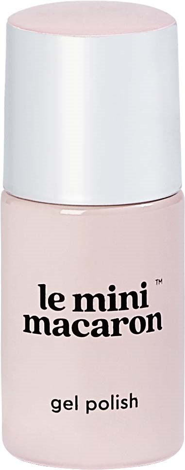 A small pink bottle of gel nail polish labeled 'le mini macaron' with a white cap.