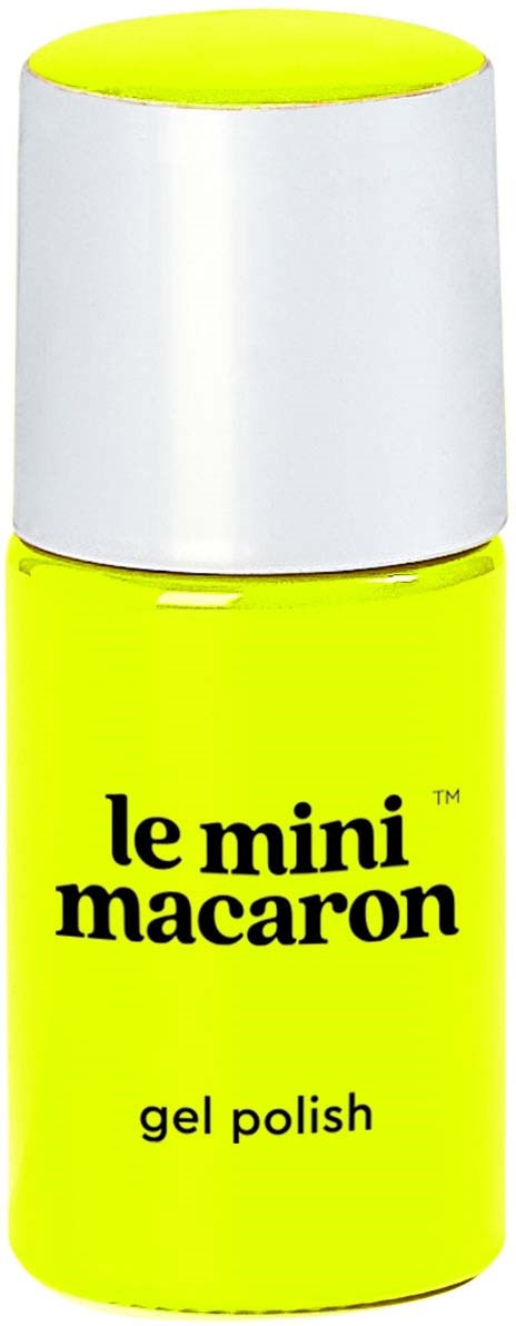 Bright yellow bottle with white cap, labeled 'le mini macaron gel polish' for nails.