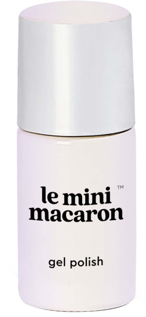En liten vit flaska med silverkork, märkt 'le mini macaron gel polish' för naglar.