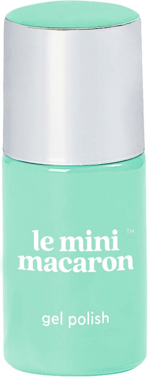 En flaske mintgrøn gelneglelak med sølvhætte og hvid tekst, der siger 'le mini macaron' og 'gel polish'.