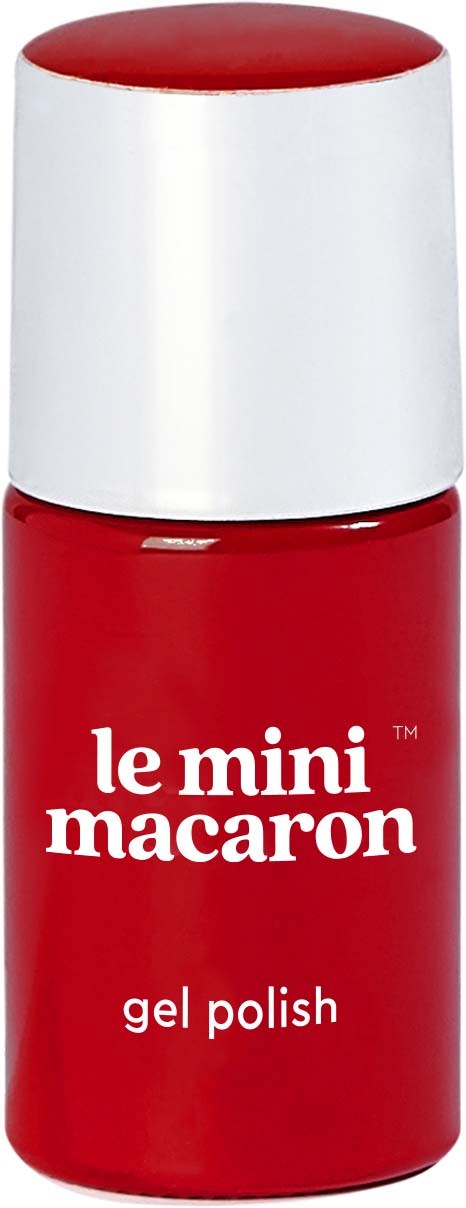En rød flaske med gel polish og hvid hat, mærket 'le mini macaron'.