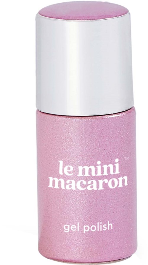 A small pink bottle of gel nail polish with a silver cap, labeled "le mini macaron".