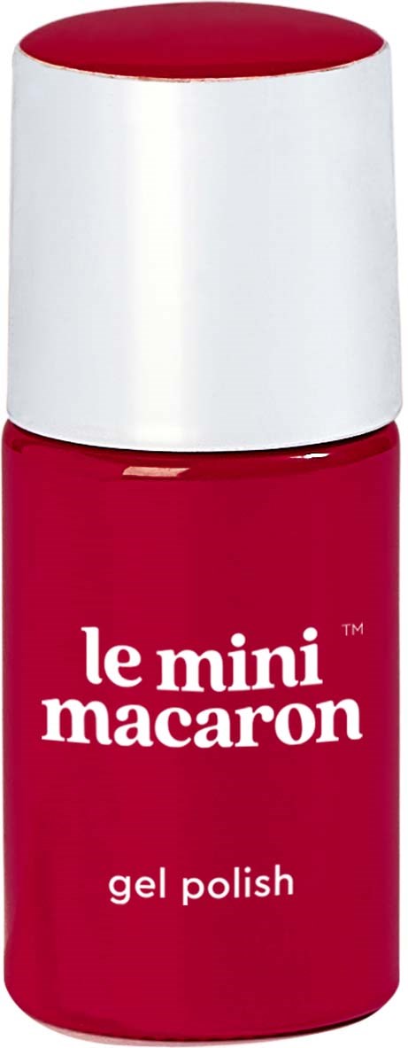 Rød gele neglelakkflaske med hvit lokk og hvit tekst som sier "le mini macaron gel polish."