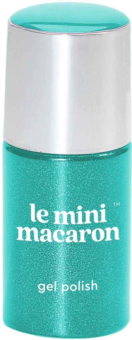 A small bottle of bright turquoise gel nail polish with silver cap and white text.