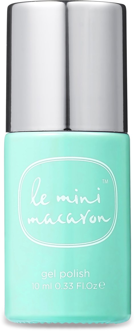 A small bottle of light blue gel nail polish with a silver cap. The label says "le mini macaron."