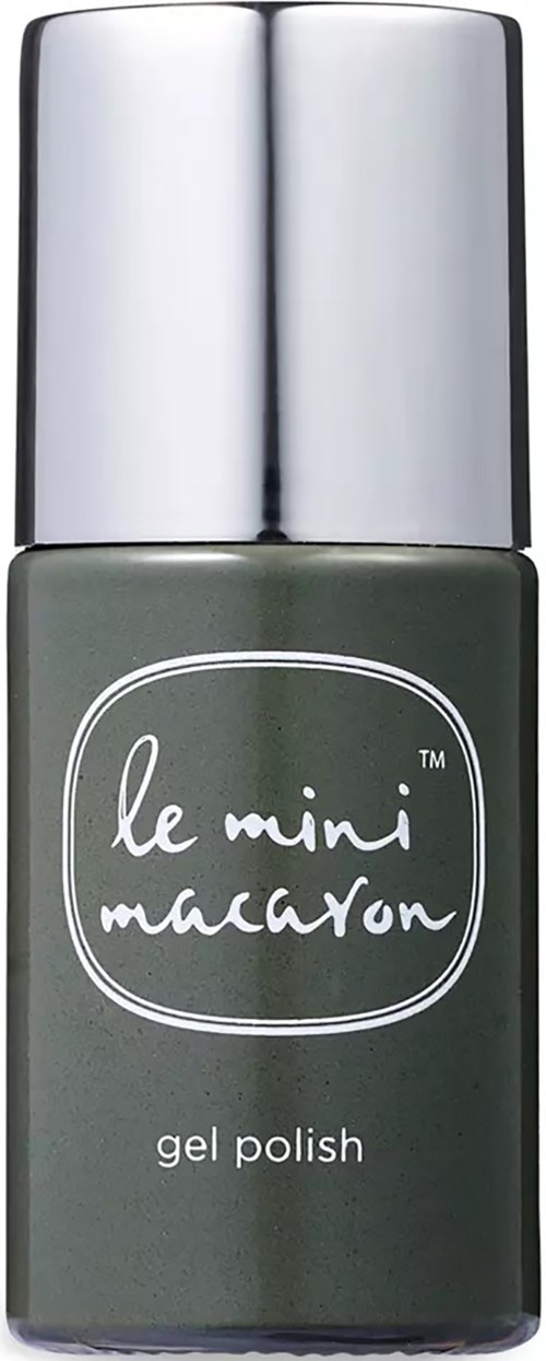 Gray-green gel nail polish bottle with a silver cap, label reads 'le mini macaron gel polish.'