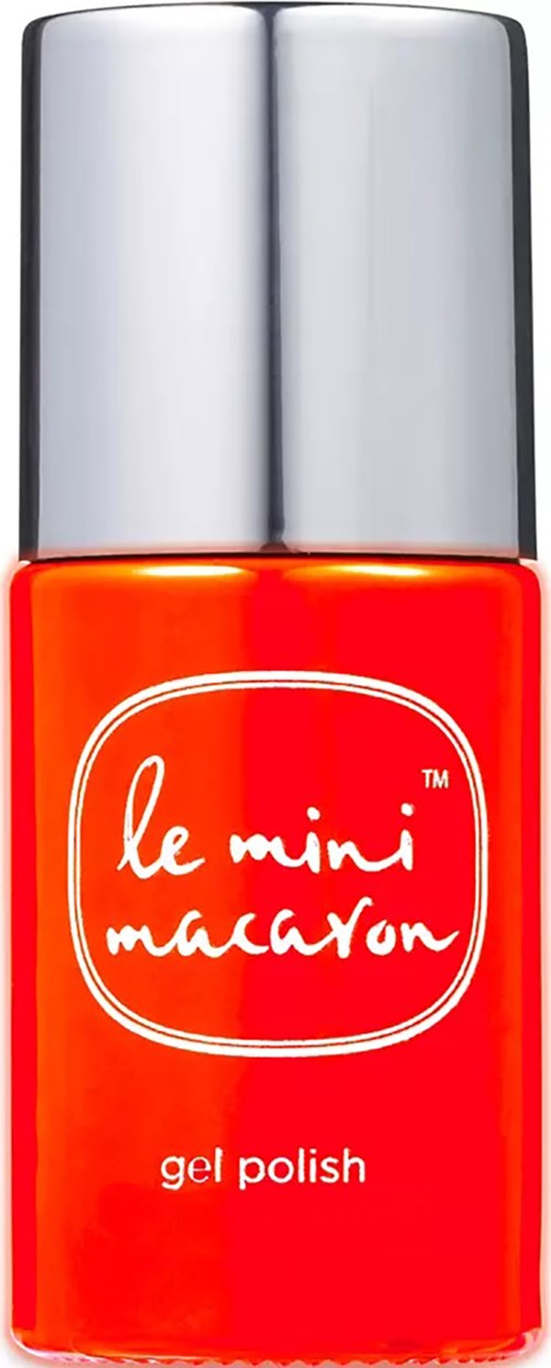 A small orange bottle with a silver cap, labeled 'le mini maccaron gel polish' in white writing.