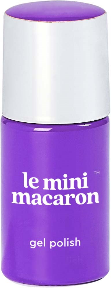 En lille lilla flaske med gel neglelak mærket 'le mini macaroon' med hvid låg.