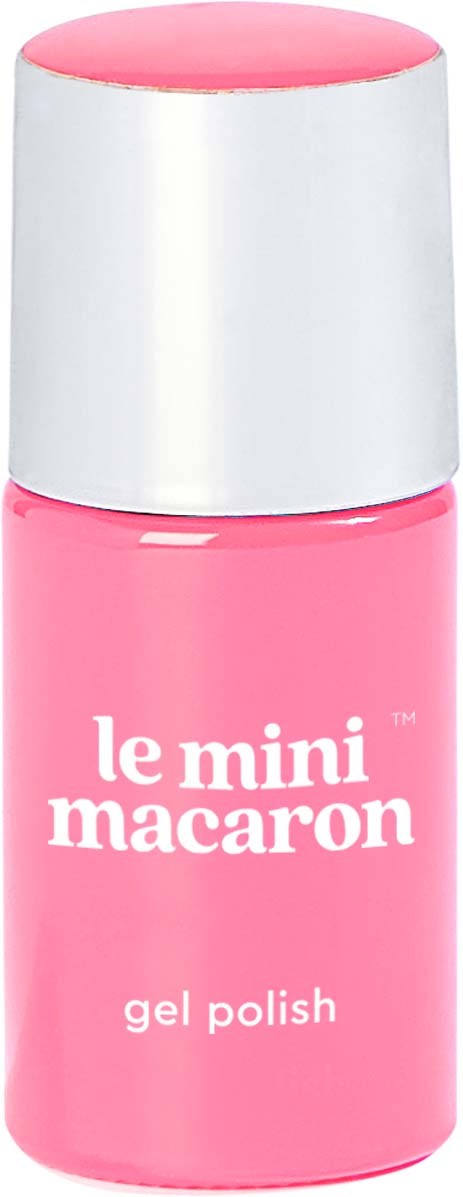 A pink bottle with a silver cap labeled "le mini macaron gel polish" sits straight up.