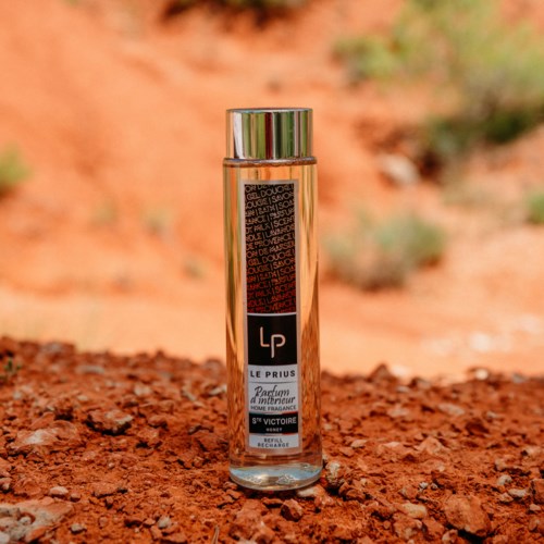 A tall, clear perfume bottle with a black label, silver cap, set on red, rocky ground outdoors.