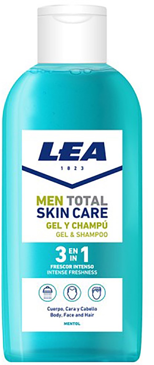 Een blauwe fles LEA Men Total Skin Care Gel en Shampoo met een witte dop en label, promotend 3-in-1 gebruik.