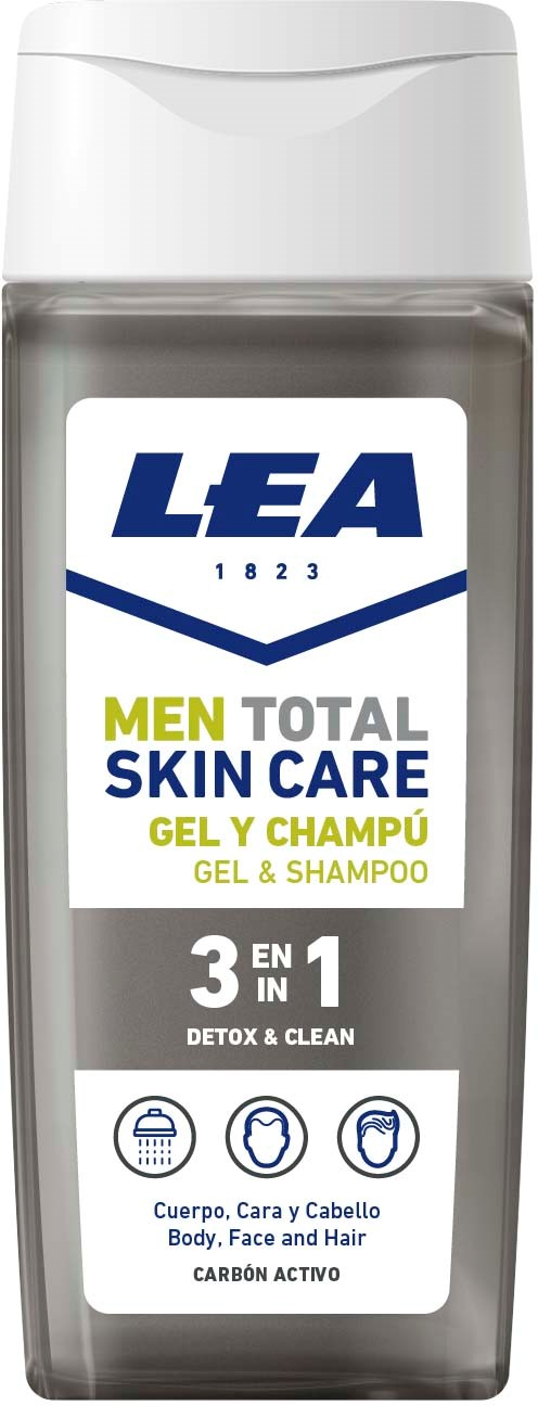 En tydlig flaska med vit lock, innehållande mäns total hudvårdsgel och schampo. Den nämner 3-i-1 detox och rengöring.