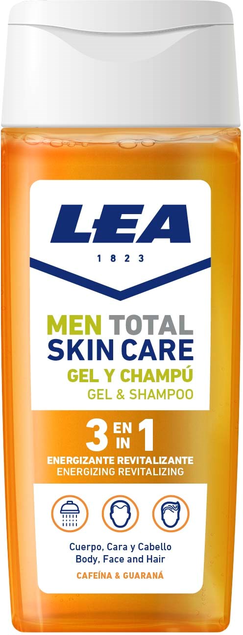 Pieni oranssi pullo, jossa lukee 'LEA MEN TOTAL SKIN CARE GEL & SHAMPOO', valkoinen kansi, tarkoitettu vartalolle, kasvoille ja hiuksille.