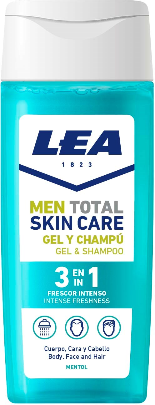 Een blauw flesje van LEA Men Total Skin Care Gel & Shampoo met witte dop en label die drie-in-één gebruik benadrukt.
