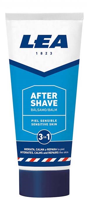 Een tube LEA aftershave balsem voor de gevoelige huid, met 3-in-1 hydraterend en herstellend.