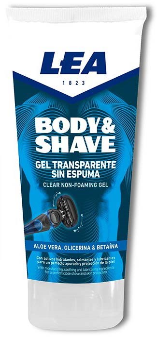 En tub med LEA Body & Shave gel, blå och vit förpackning, med bild av rakhyvel och produktdetaljer.