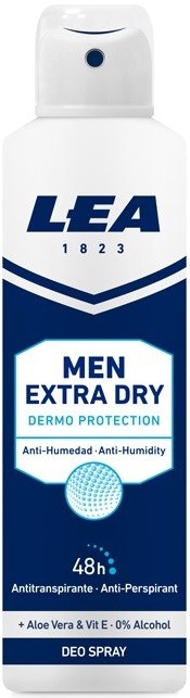 An aerosol can labeled 'LEA MEN EXTRA DRY' with anti-humidity and odor protection, aloe, and vitamin E features.