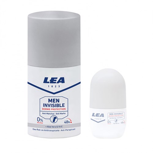 Ein Deoroll-On und sein Deckel mit LEA Men Invisible-Label, für Anti-Marken und 48-Stunden-Schutz.