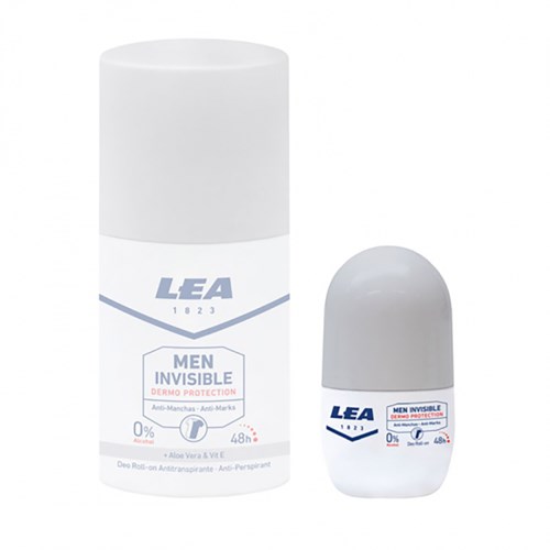 Een witte sprayspray en rol-deodorant met label "LEA Men Invisible" tegen vlekken.