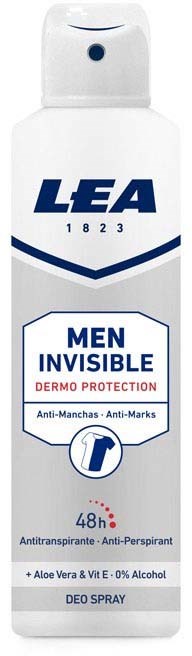 Witte deodorantspuit met blauwe en rode tekst, bevordert onzichtbare mannenbescherming met aloë vera en vitamine E.
