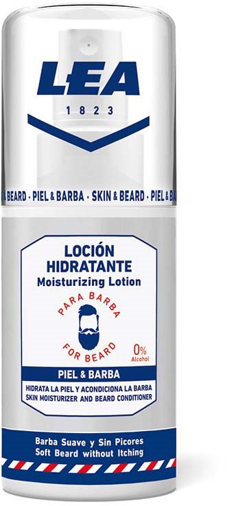 A cylindrical white bottle with blue and red text, claiming to be a moisturizing lotion for skin and beard, with a beard illustration.