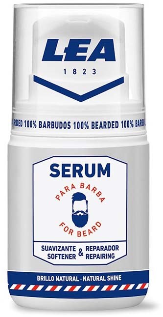 En vit flaska med blå och röda bokstäver, märkt 'LEA SERUM för skägg, mjukgörande, reparerande, naturligt glans.'