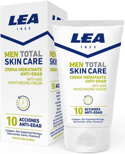 Het product is een mannen anti-verouderings vochtinbrengende crème met 10 acties, bevat collageen en vitaminen, gericht op huidverzorging.