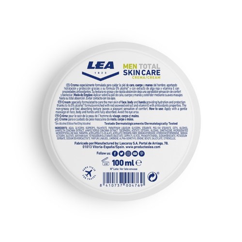 Een ronde deksel met blauwe, witte en gele tekst en een barcode, voor huidverzorgingscrème voor mannen.