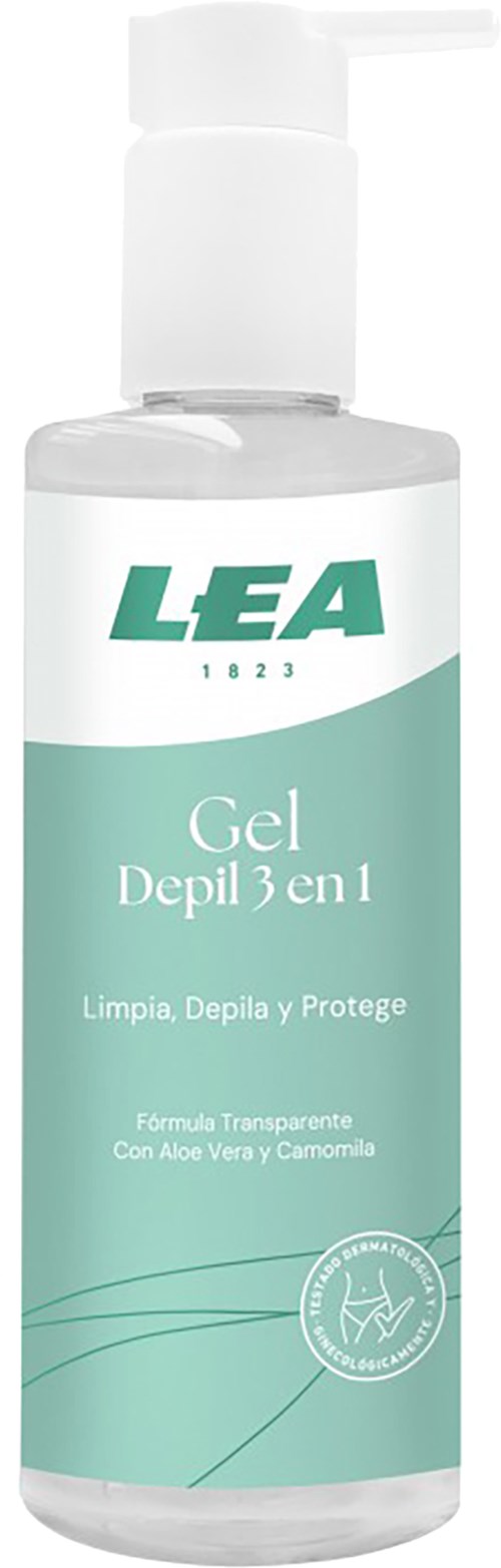 Een doorzichtige fles met pump gemarkeerd 'LEA Gel Depil 3 en 1' voor huidverzorging en ontharing.