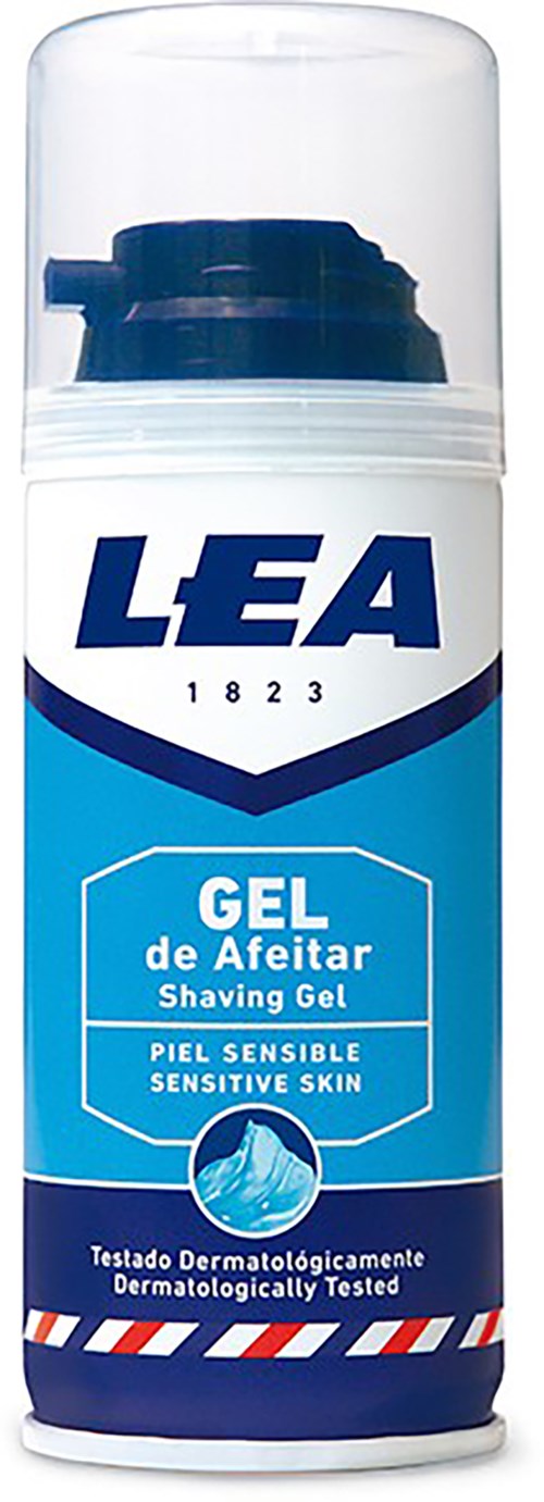 Eine Dose LEA Rasiergel für empfindliche Haut mit klarem Deckel und blauer Beschriftung.